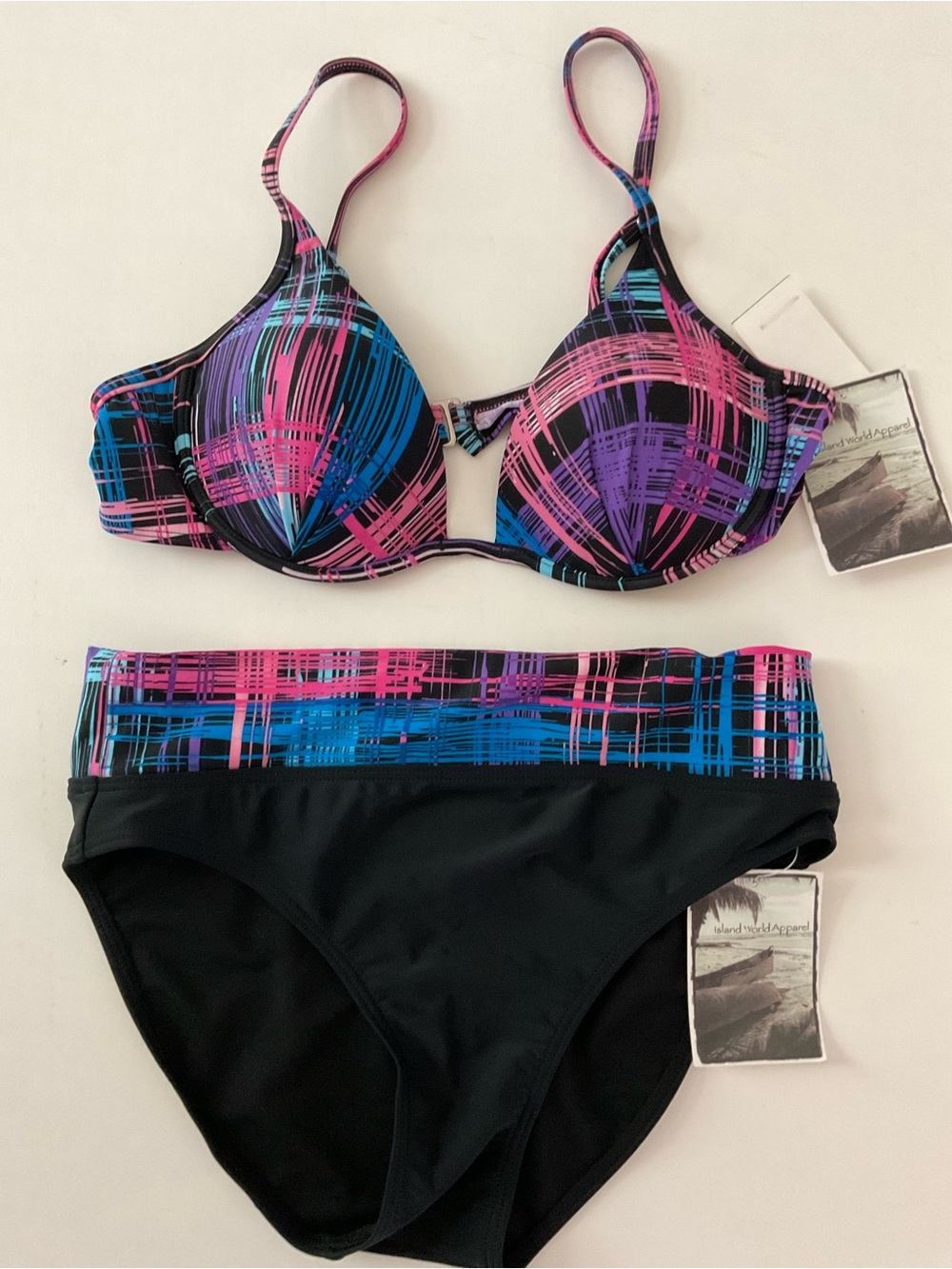 Women’s Black Bikini Set with Pink, Purple & Blue Brushstroke Print